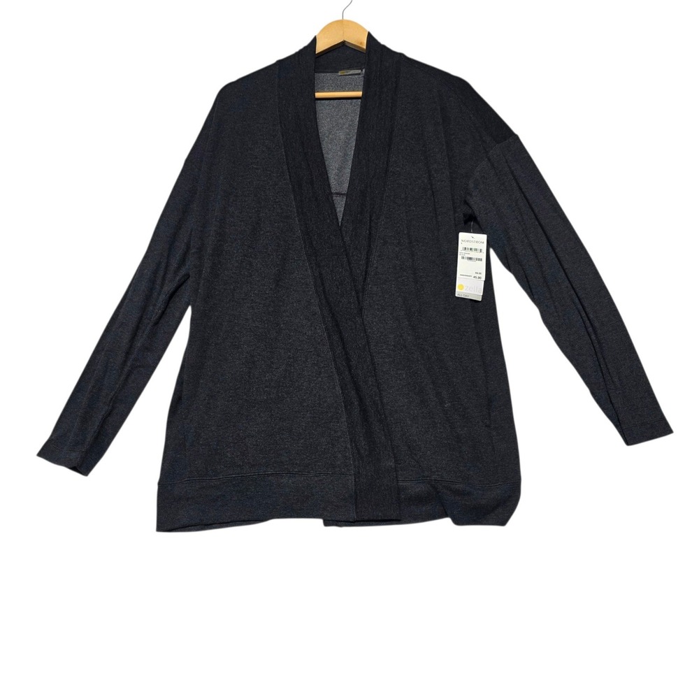 Zella All Day Cardigan Women Large Gray Open Front Shawl Collar Pockets NEW